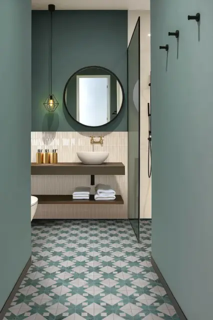 Интерьер с Керамогранит Monopole Флоренция Спринг Декор / Florencia Spring Decor матовый зелено-бежевый 22,3x22,3 см