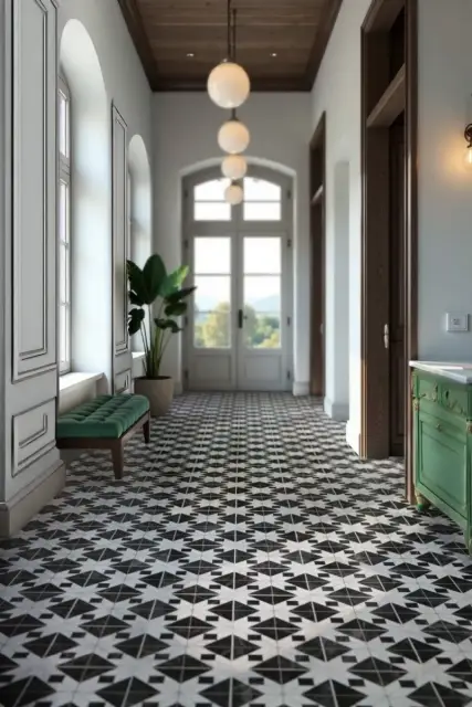 Интерьер с Керамогранит Monopole Флоренция Спринг Декор / Florencia Spring Decor матовый зелено-бежевый 22,3x22,3 см