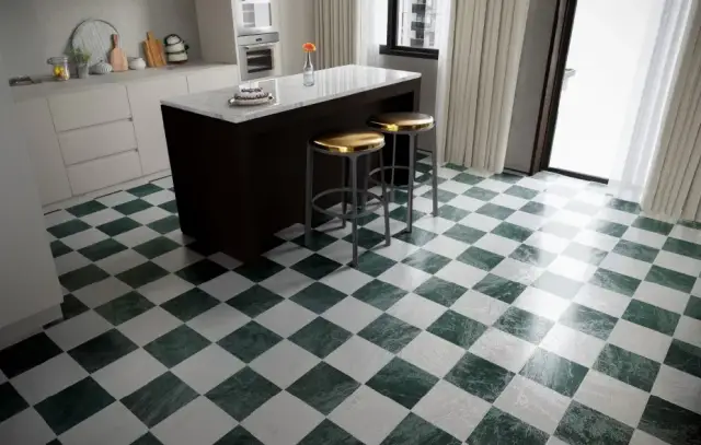 Интерьер с Керамогранит Monopole Флоренция Спринг Декор / Florencia Spring Decor матовый зелено-бежевый 22,3x22,3 см