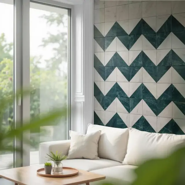Интерьер с Керамогранит Monopole Флоренция Спринг Декор / Florencia Spring Decor матовый зелено-бежевый 22,3x22,3 см