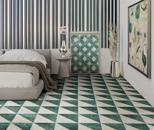 Интерьер с Керамогранит Monopole Флоренция Спринг Декор / Florencia Spring Decor матовый зелено-бежевый 22,3x22,3 см