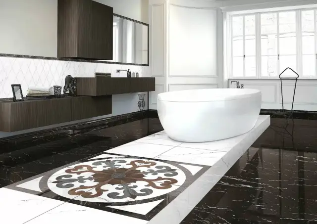 Интерьер с Мозаика Casalgrande Padana Marmoker Statuario Grigio Lucido чип 5х10 глянцевая белая 2705417 30х30 см