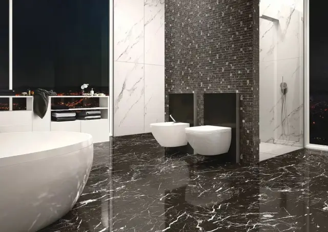 Интерьер с Мозаика Casalgrande Padana Marmoker Statuario Grigio Lucido чип 5х10 глянцевая белая 2705417 30х30 см
