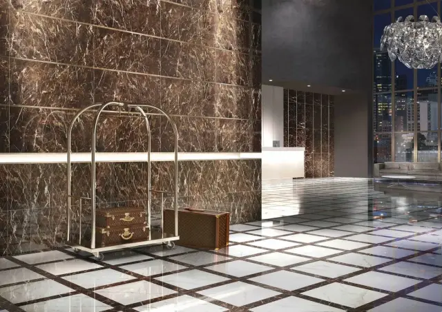 Интерьер с Мозаика Casalgrande Padana Marmoker Statuario Grigio Lucido чип 5х10 глянцевая белая 2705417 30х30 см