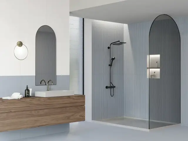 Интерьер с Керамогранит Cotto Petrus Anni 70 Gessato Azzurro rett матовый синий 120х60 см