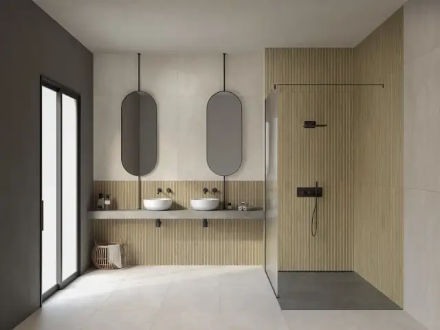 Интерьер с Керамогранит Cotto Petrus Flash Tapparella Acero Rett матовый бежевый DFLS021 120х60 см