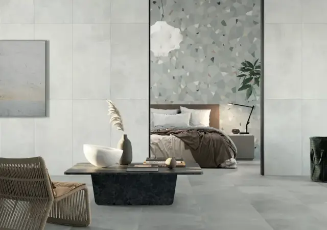 Интерьер с Керамогранит Dado Ceramica Wallpapers Fiore Oro rett матовый серый D303952 120х60 см