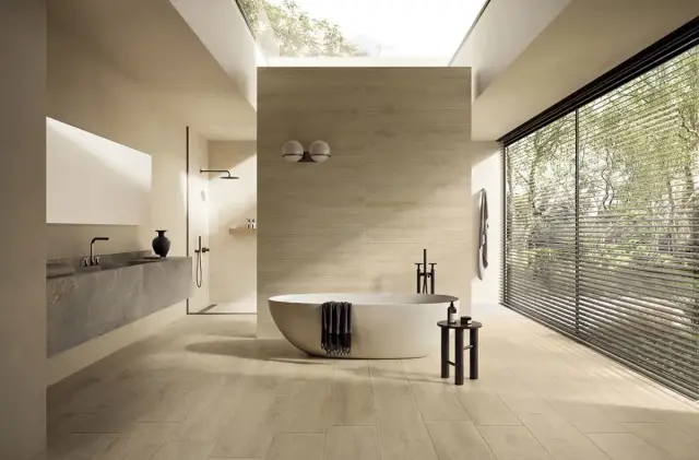 Интерьер с Керамогранит Isla Tiles Легни Д Италиа Ноче Масселло / Legni D Italia Noce Massello матовый коричневый 1007110 120х30 см