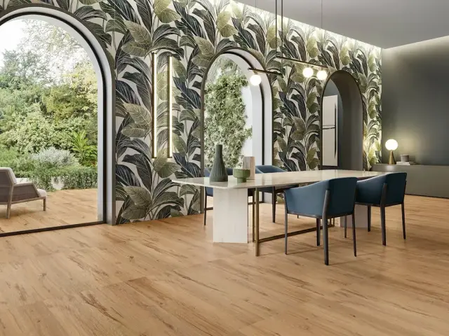 Интерьер с Керамогранит Serenissima И Ровери Интенсо Ассе / I Roveri Intenso Asse бежевый 1097187 120х30 см