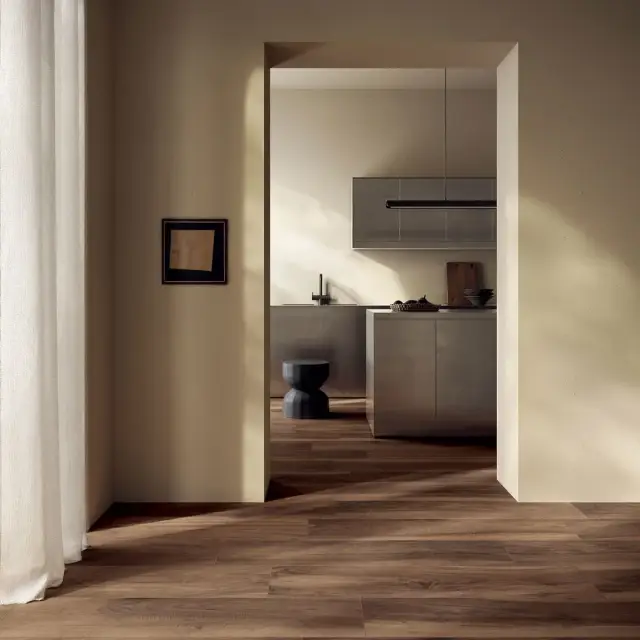 Интерьер с Керамогранит Isla Tiles Легни Д Италиа Ноче Масселло / Legni D Italia Noce Massello матовый коричневый 1007110 120х30 см