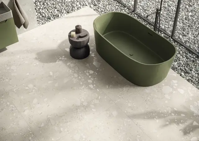Интерьер с Керамогранит Tagina Риверстоун Рок Белый Софт / Riverstone Rock White Soft матовый бежевый 149065 120х60 см