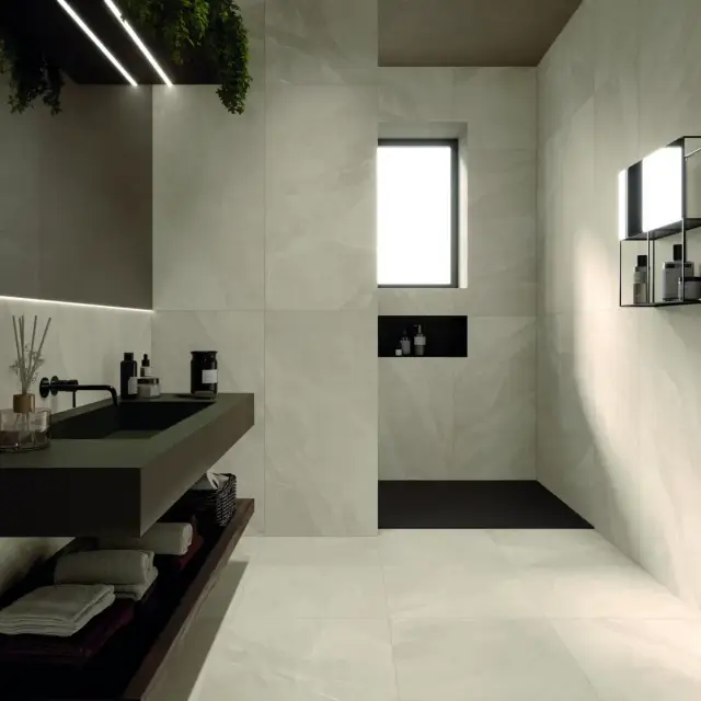 Интерьер с Керамогранит Cotto Petrus Time Stone Cenere матовый темно-серый DTMS112 120х60 см