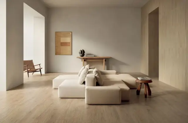 Интерьер с Керамогранит Isla Tiles Легни Д Италиа Фрассино Масселло / Legni D Italia Frassino Massello матовый бежевый 1007109 120х30 см