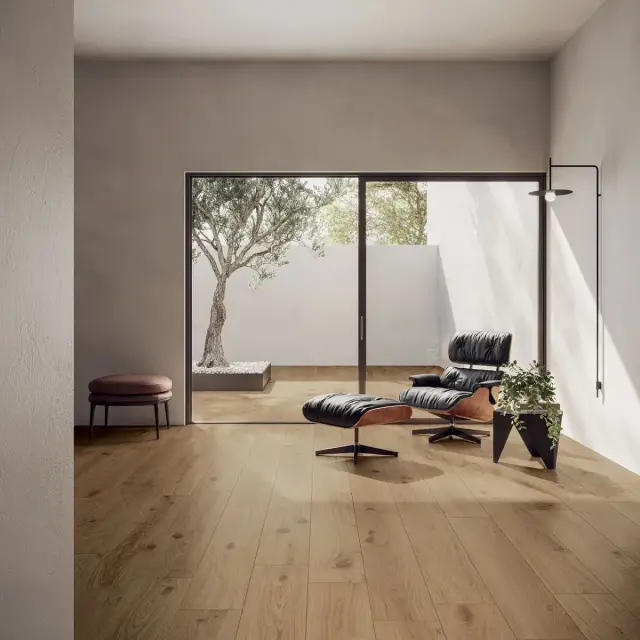 Интерьер с Керамогранит Isla Tiles Легни Д Италиа Фрассино Масселло / Legni D Italia Frassino Massello матовый бежевый 1007109 120х30 см