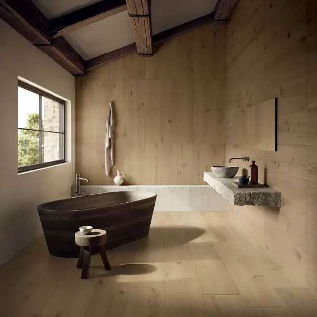 Интерьер с Керамогранит Isla Tiles Легни Д Италиа Фрассино Масселло / Legni D Italia Frassino Massello матовый бежевый 1007109 120х30 см