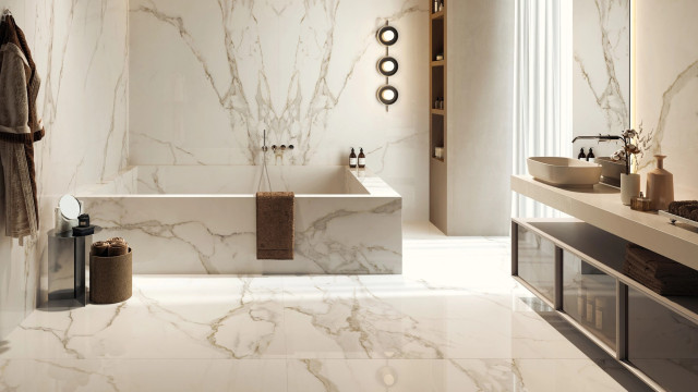 Интерьер с Керамогранит MARMO E PIETRA BRECCIA ARGENTUM LAPP/RETT 120X280