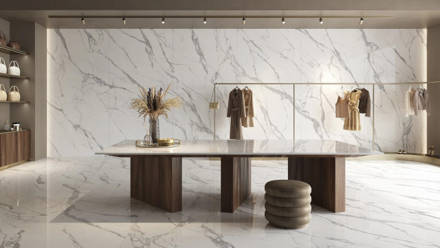 Интерьер с Керамогранит MARMO E PIETRA BRECCIA ARGENTUM LAPP/RETT 120X280