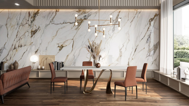 Интерьер с Керамогранит MARMO E PIETRA BRECCIA ARGENTUM LAPP/RETT 120X280