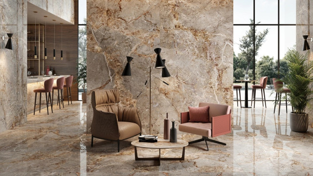 Интерьер с Керамогранит MARMO E PIETRA BRECCIA ARGENTUM LAPP/RETT 120X280