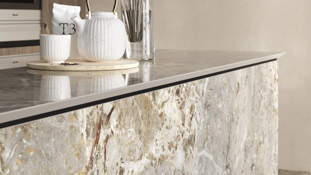 Интерьер с Керамогранит MARMO E PIETRA BRECCIA ARGENTUM LAPP/RETT 120X280