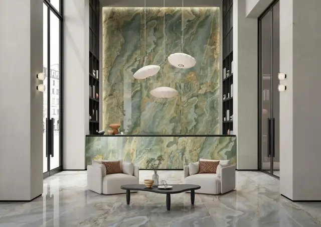 Интерьер с Керамогранит Ava Ceramica Onice Iride Giada Lap 6mm 173022 120x280