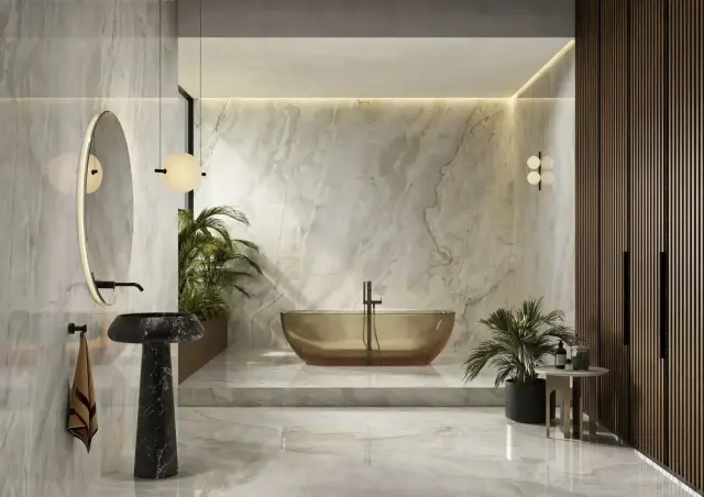Интерьер с Керамогранит Ava Ceramica Onice Iride Giada Lap 6mm 173022 120x280