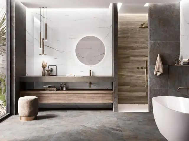Интерьер с Керамогранит Pamesa Torano M Dorado Compacglass Rect. 017.869.0103.10106 60x120