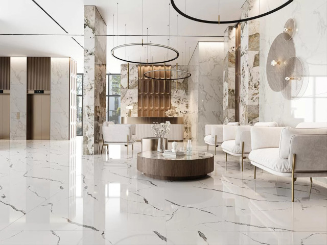 Интерьер с Керамогранит Kerama Marazzi Монте Тиберио Бежевый Лаппатированный Обрезной SG592022R 119.5x238.5