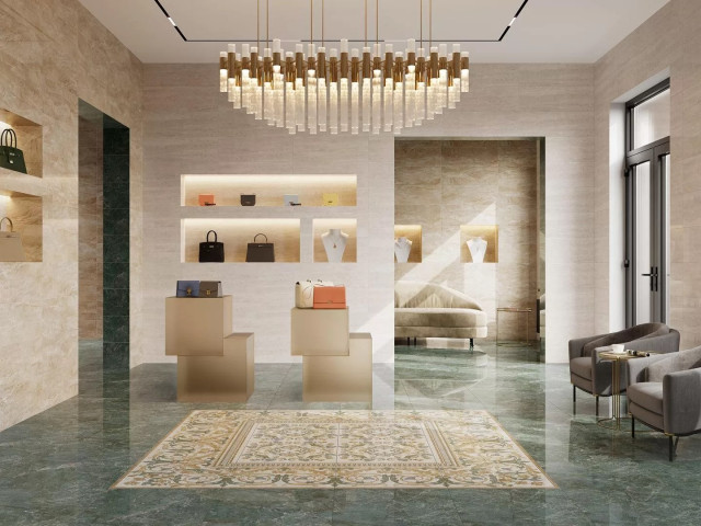 Интерьер с Плитка Kerama Marazzi Эвора Зеленый Глянцевый Обрезной 13116R 30x89.5