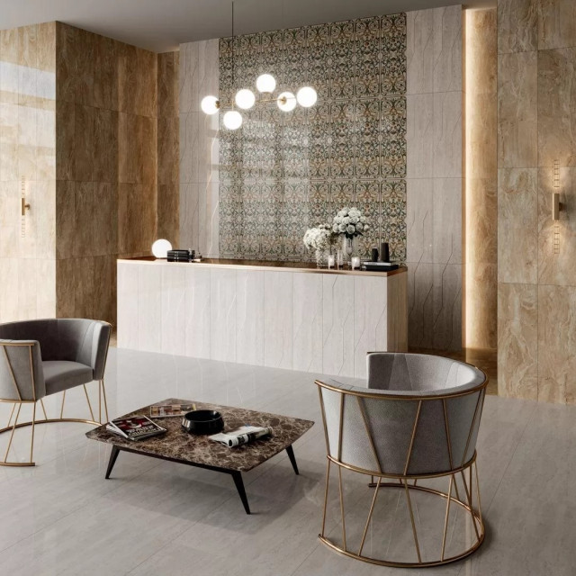 Интерьер с Плитка Kerama Marazzi Эвора Зеленый Глянцевый Обрезной 13116R 30x89.5