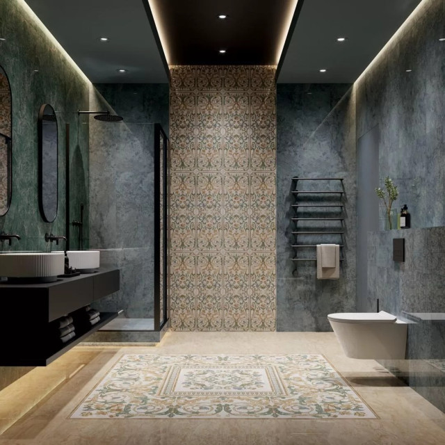 Интерьер с Плитка Kerama Marazzi Эвора Зеленый Глянцевый Обрезной 13116R 30x89.5