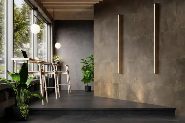 Интерьер с Плинтус Kerama Marazzi Про Стоун Серый Обрезной DD200420R/3BT 60x9.5