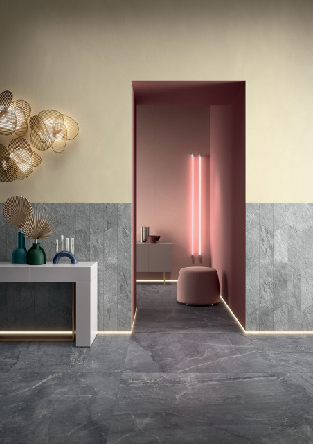 Интерьер с Керамогранит Lea Ceramiche Waterfall Slimtech Gray Flow 5plus Nat LSAWF10 100x300