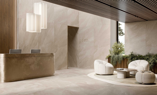 Интерьер с Керамогранит Fondovalle Slaten Concrete 3DTEXTURE 8.5 MM SLA053 60x120