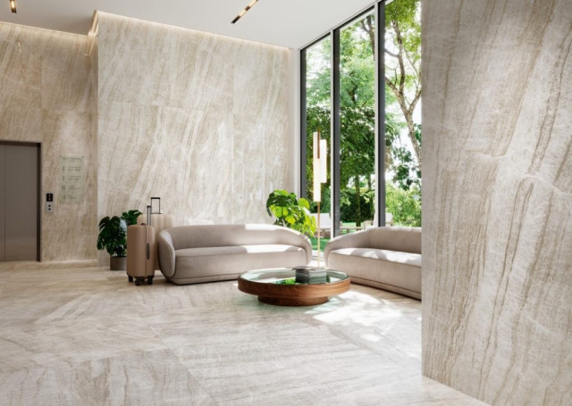 Интерьер с GRESPANIA COVERLAM TAJ MAHAL SAND NATURAL 120х278х5.6