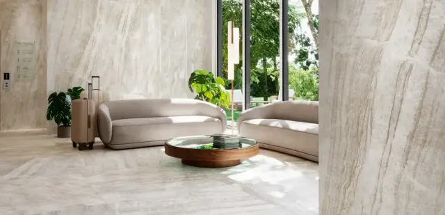 Интерьер с GRESPANIA COVERLAM TAJ MAHAL SAND NATURAL 120х278х5.6