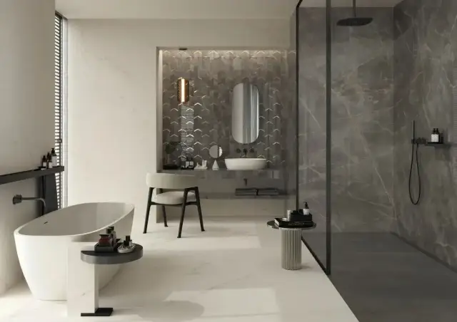 Интерьер с Marvel Calacatta Apuano Hammered ZZ 60x120