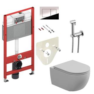 Комплект: Подвесной унитаз с крышкой и креплением GSG Ceramic Design Like LKWCSO000+LKCOPRSLTICR000+ACS40EX, белый глянцевый + инсталляция TECE Profil 9400412 c кнопкой + гигиенический душ Remer N64W