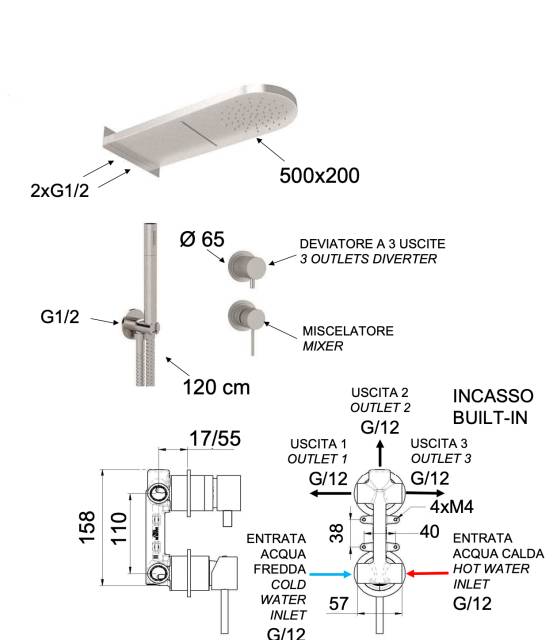 Душевая система Remer X Style INOX SSX93PS02MMCA, нержавеющая сталь