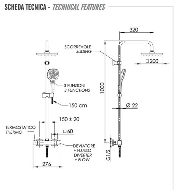 Душевая система термостатическая Remer Absolute ST32X8CPSD25