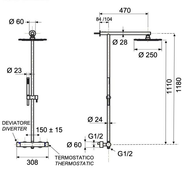 Душевая система термостатическая Remer X Style INOX SSXT37UFM25, нержавеющая сталь