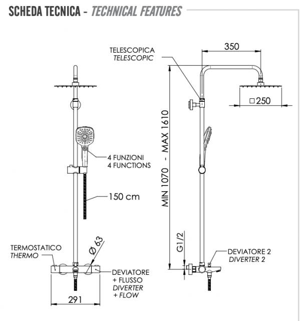Душевая система термостатическая с изливом Remer EQ34A8CPUFS25G