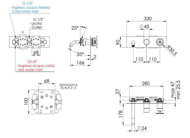 Смеситель для ванны Remer Chrono CH54D2DO, золото глянцевое