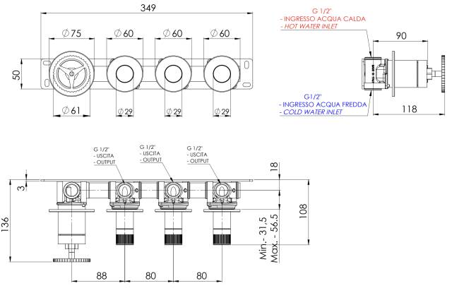 Смеситель для душа Remer Chrono CH98D3PRP, медь брашированная