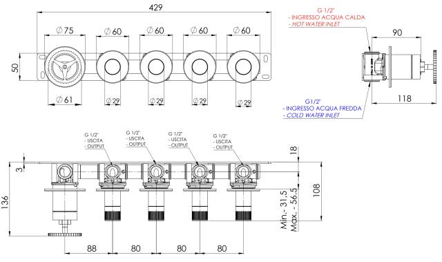 Смеситель для душа Remer Chrono CH98D4PRP, медь брашированная