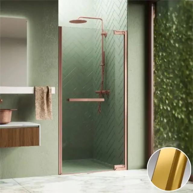 Дверь в нишу распашная 90 см (88,5-90x200) Novellini N180 N1801B90-1P, профиль Brushed Gold, стекло прозрачное CrystalClear