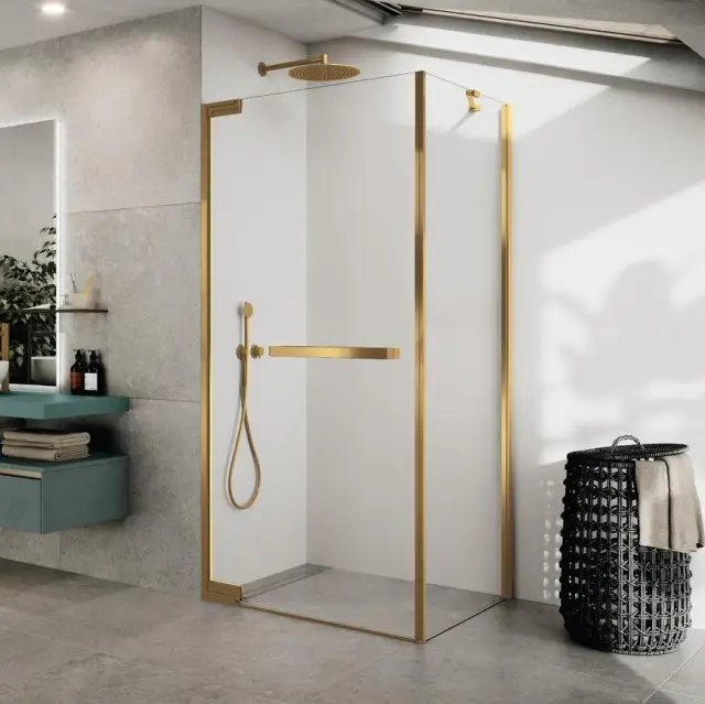 Дверь распашная 100 см (98-99,5x200) Novellini N180 N180G100-1P, профиль Brushed Gold, стекло прозрачное CrystalClear