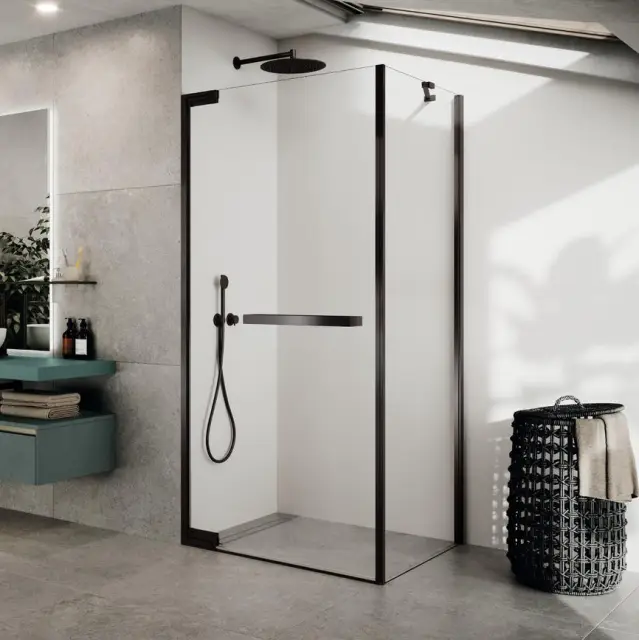 Душевое ограждение 100 см (98-99,5x200) Novellini N180 N180G100-1N+N180FG100-1N, профиль Brushed Black Chrome, стекло прозрачное CrystalClear