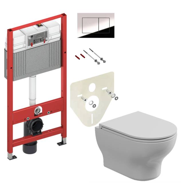 Комплект: Подвесной унитаз с крышкой и креплением GSG Ceramic Design Speed SPWCSO000+SPCOPRSLTICR000+ACS40EX, белый глянцевый + инсталляция TECE Profil 9400412 c кнопкой