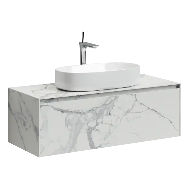 Тумба подвесная SANCOS Stone из керамогранита с одним выдвижным ящиком и столешницей из керамогранита 1200х400х495, керамогранит Statuario white, арт. ST120SV